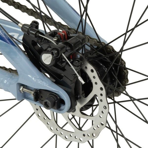 A close up of a blue bicycle with disc brakes, the Chase Edge Micro 18 Bike (2024).