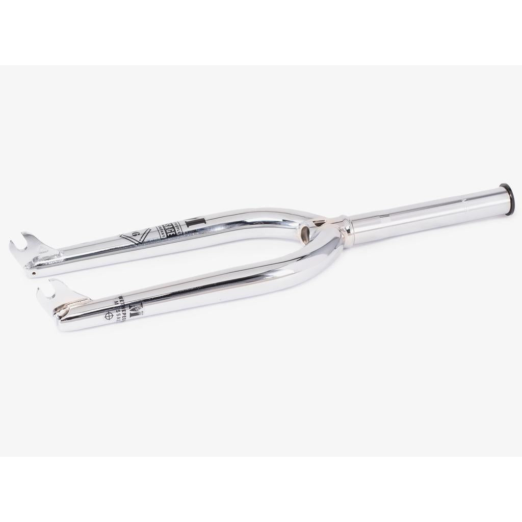 The Wethepeople Message Fork, featuring tapered legs and a cylindrical stem with decals, is perfect for park riders. It offers a lifetime guarantee and is showcased on a white background.