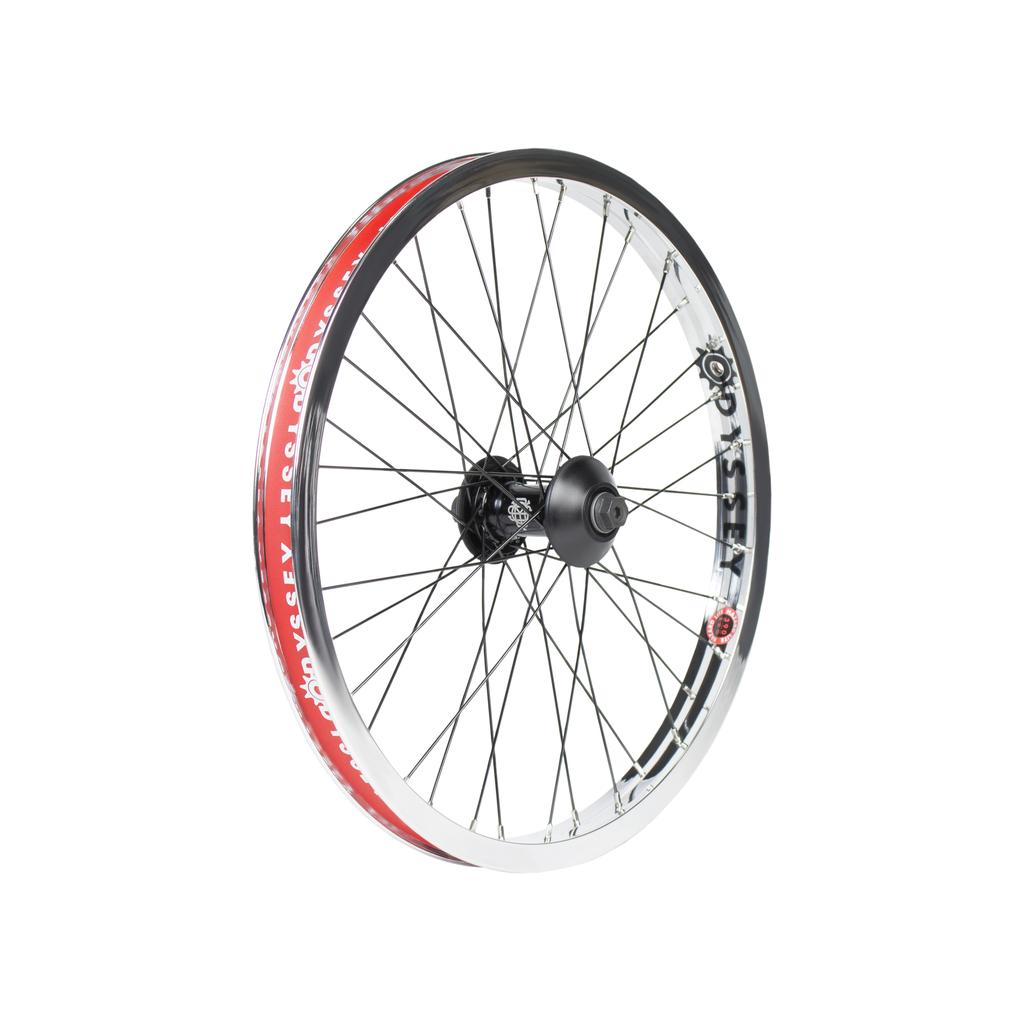 The Odyssey Vandero Pro Hazard Lite Front Wheel features black spokes, a sealed cartridge bearing hub, and a red and silver rim, shown angled against a white background.