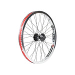 The Odyssey Vandero Pro Hazard Lite Front Wheel features black spokes, a sealed cartridge bearing hub, and a red and silver rim, shown angled against a white background.