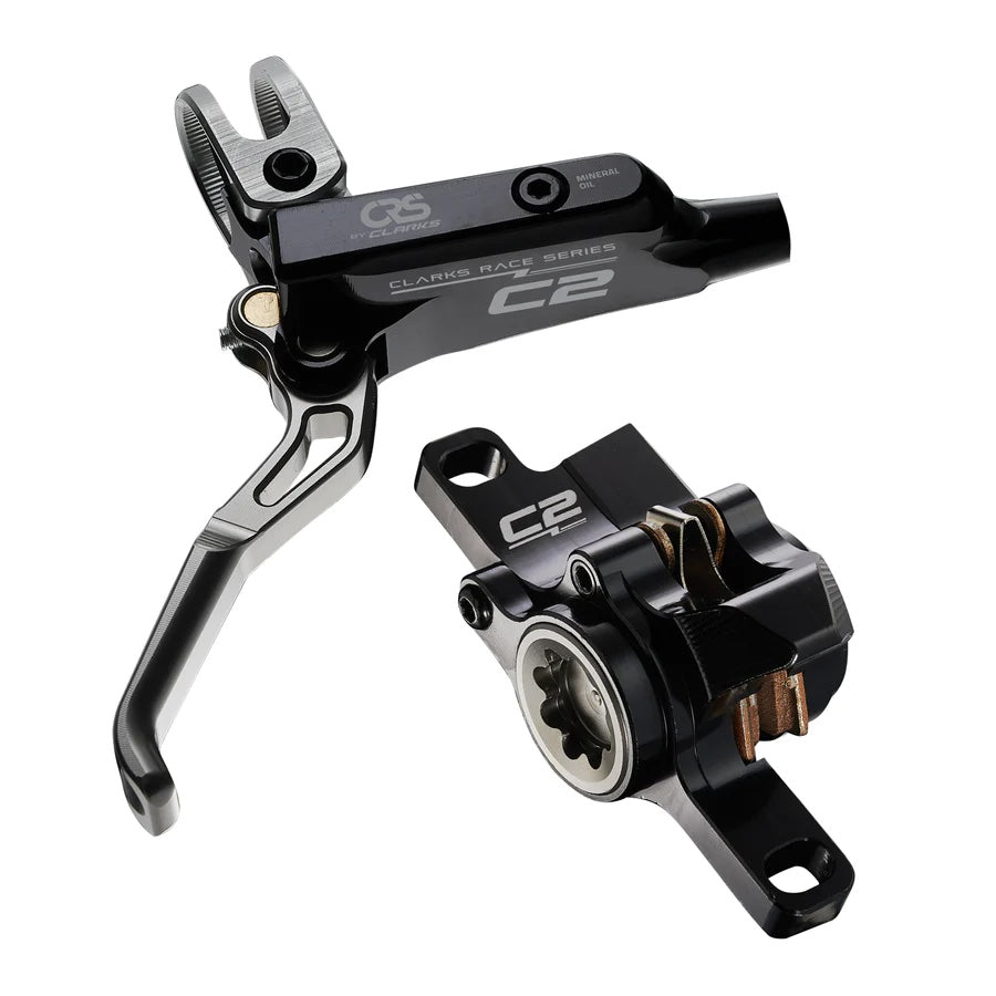 A set of Clarks C2 CNC Front and Rear Disc Brake Kit on a white background, perfect for mountain bikes.