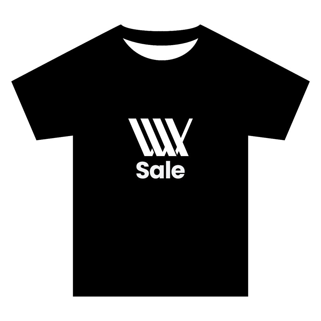 Clearance showroom shirt: black tee featuring a bold white graphic logo with "Sale" printed below on the front.