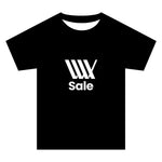Clearance showroom shirt: black tee featuring a bold white graphic logo with "Sale" printed below on the front.