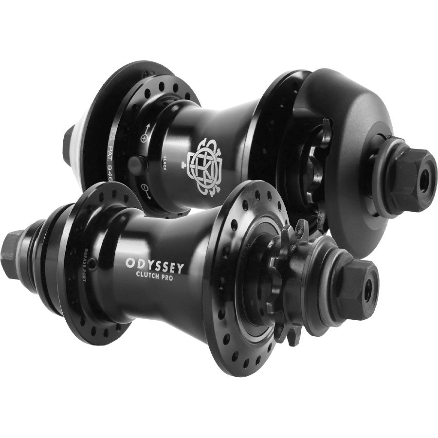 A pair of black Odyssey Clutch Pro Rear Freecoaster Hubs (RHD) with Clutch Pro technology on a white background.