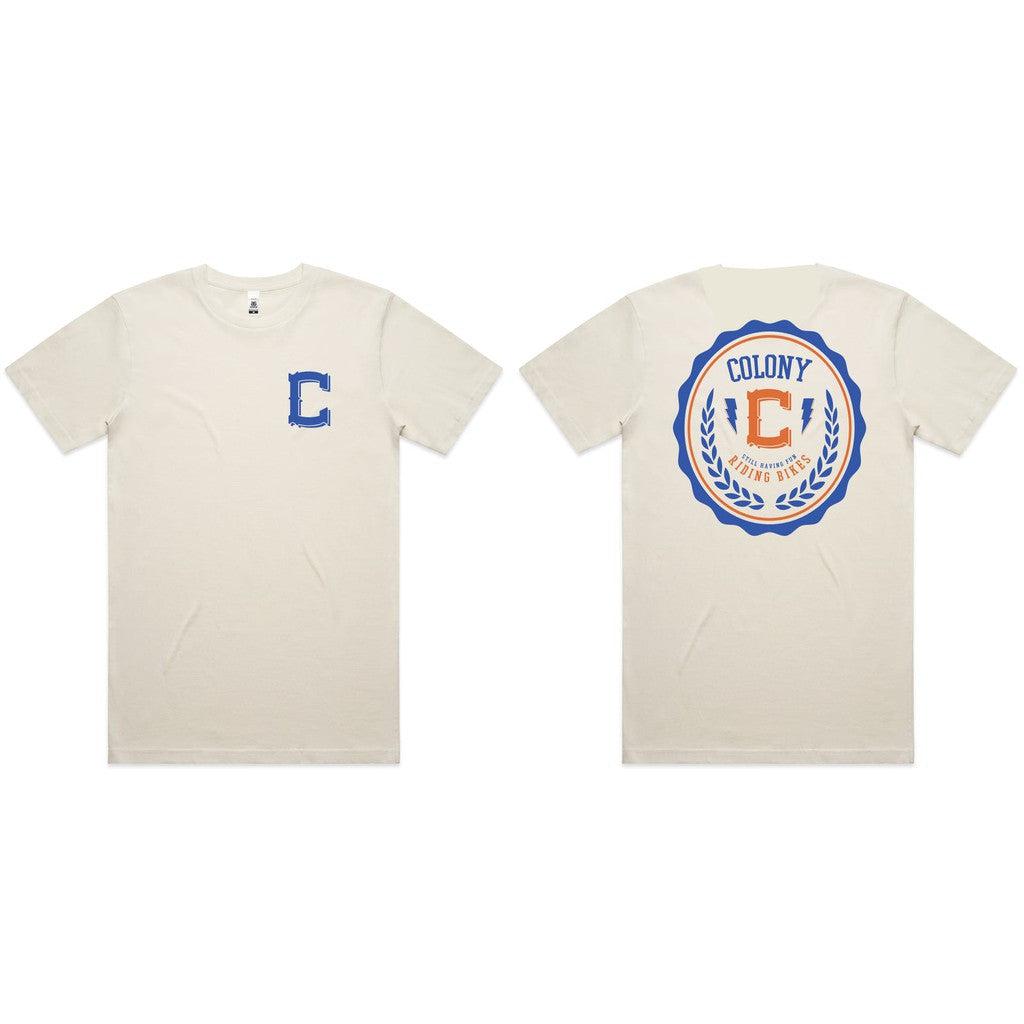 A Colony Bottled T-Shirt with an orange and blue logo from the 2023 Spring T-shirt Collection.