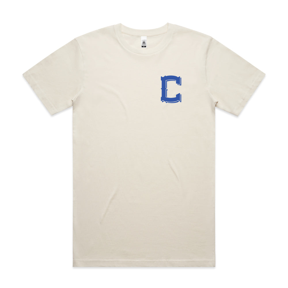 An iconic Colony Bottled T-Shirt from the 2023 Spring T-shirt Collection featuring the letter "C" - perfect for any Colony BMX enthusiast.