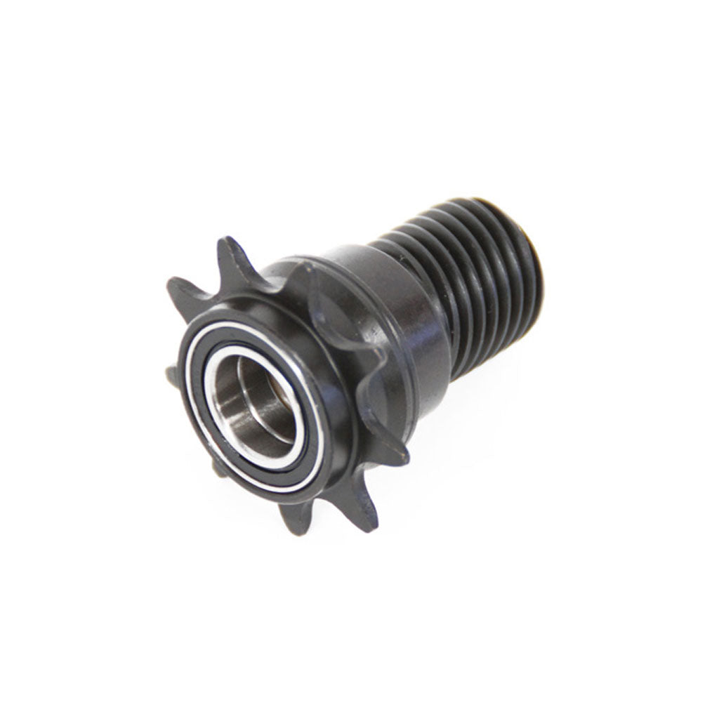 Close-up of a Colony Clone FC Driver, a black metal Freecoaster driver with a threaded end and sealed bearing in the center, isolated on a white background.