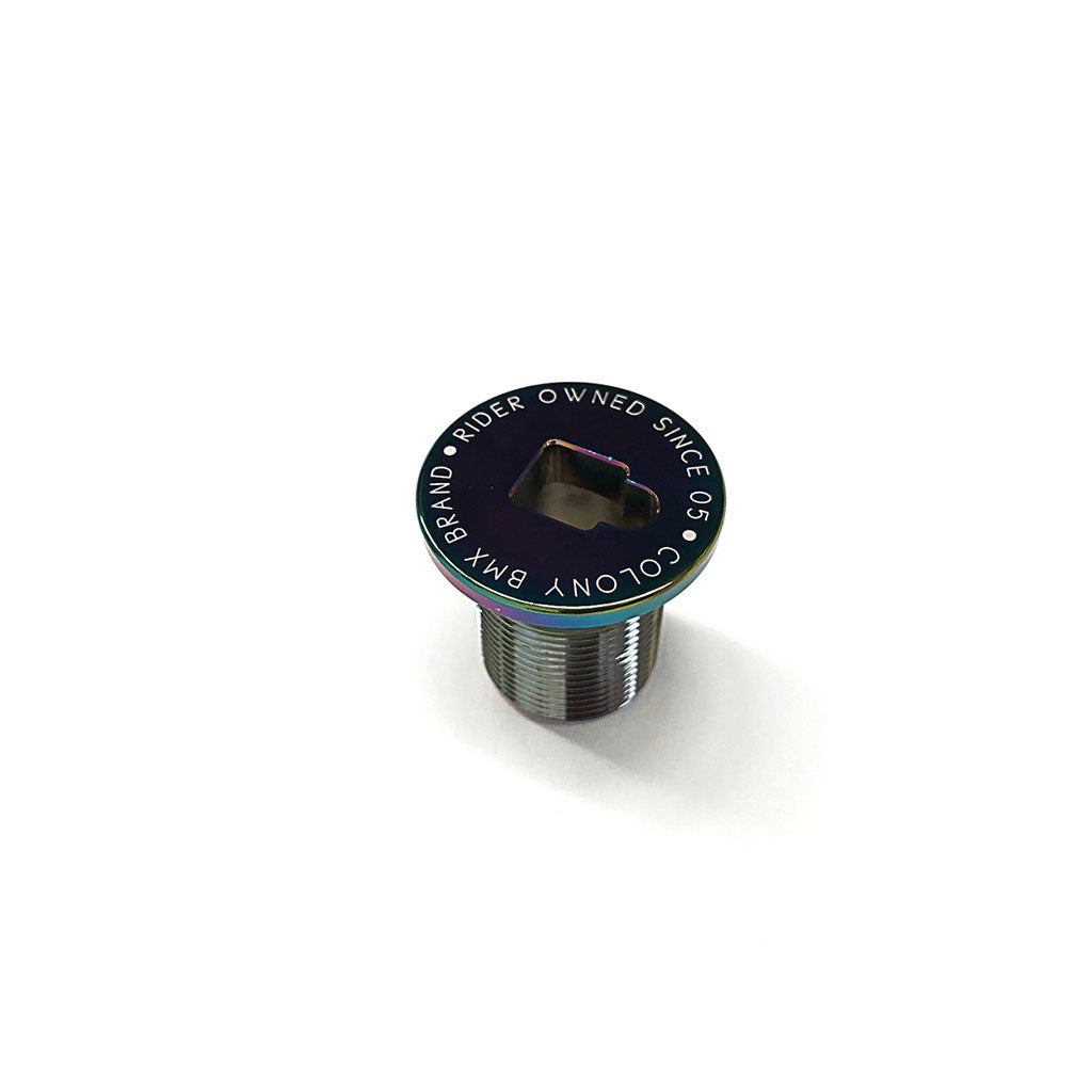The Colony Fork Pre Load Bolt is a vibrant, cylindrical BMX bike stem bolt crafted from high-quality 7075 T6 Alloy, featuring the text "COLONY BMX" and "RIDER OWNED SINCE 06" around its edges. Ideal for front brakers and easily installed using a socket wrench.