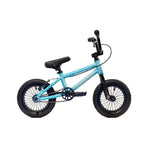 The Colony Horizon 12 Inch Bike is a blue BMX bicycle featuring black handlebars, seat, and tires. It boasts a lightweight alloy frame, a single pedal gear system, and comes with a stand. Its compact design ensures easy maneuvering.