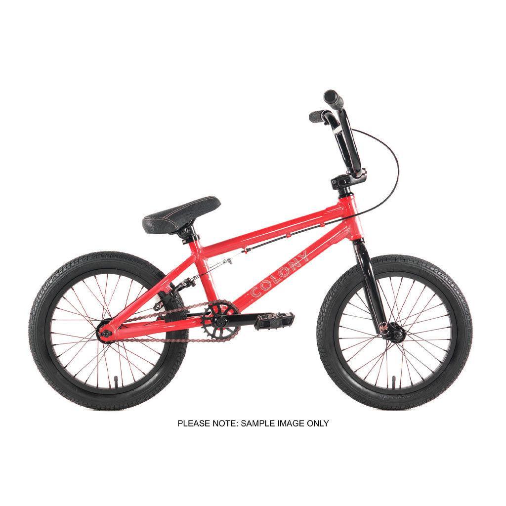 The Colony Horizon 16 Inch Bike, a red BMX-style bicycle with black handlebars, seat, and tires, is shown in profile on a white background. Text below states: "PLEASE NOTE: SAMPLE IMAGE ONLY." Ideal for BMX Freestyle riders.