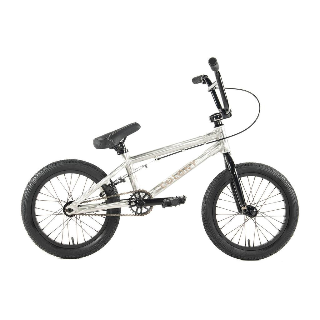 The Colony Horizon 16 Inch Bike is a small BMX Freestyle model with a transparent frame and black handlebars, seat, and wheels, displayed on a white background.