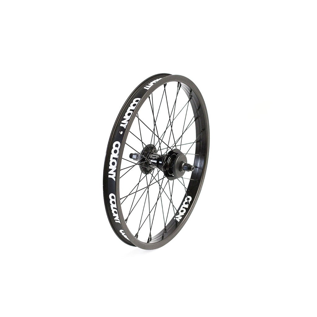 A Colony Pintour X Clone Freecoaster Wheel with spokes, featuring the Pintour Rim and the word "Colony" printed multiple times on the rim. The wheel also includes a Clone Freecoaster Hub for smooth, efficient riding.