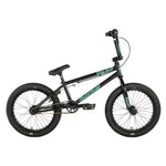 The Colony Sweet Tooth Pro Elite 18 Inch BMX Bike features a black frame with teal accents, compact dimensions, thick tires, and a padded seat, highlighted against a pristine white background.