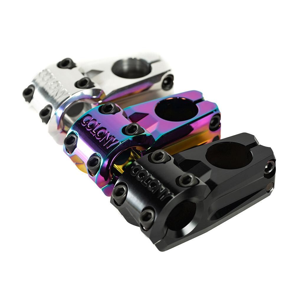A set of three Colony Variant 52mm BMX Stems, offering a low-rise alternative, showcased on a white background.