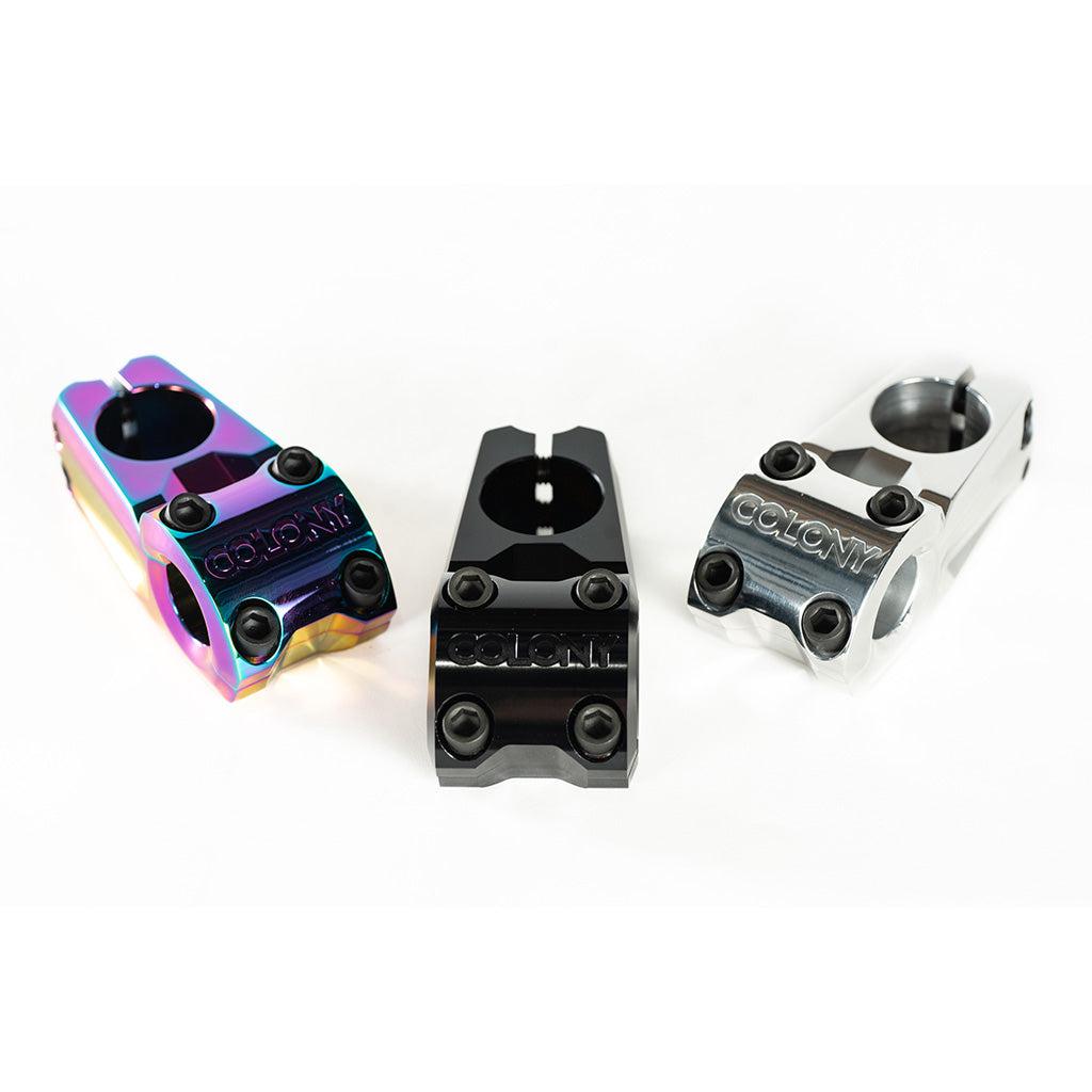 Three Colony Variant 52mm BMX Stems in different colors on a white background.