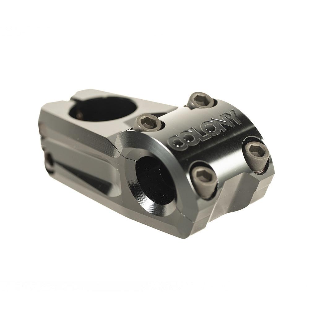 A stainless steel Colony Variant 52mm BMX Stem with two bolts on it.