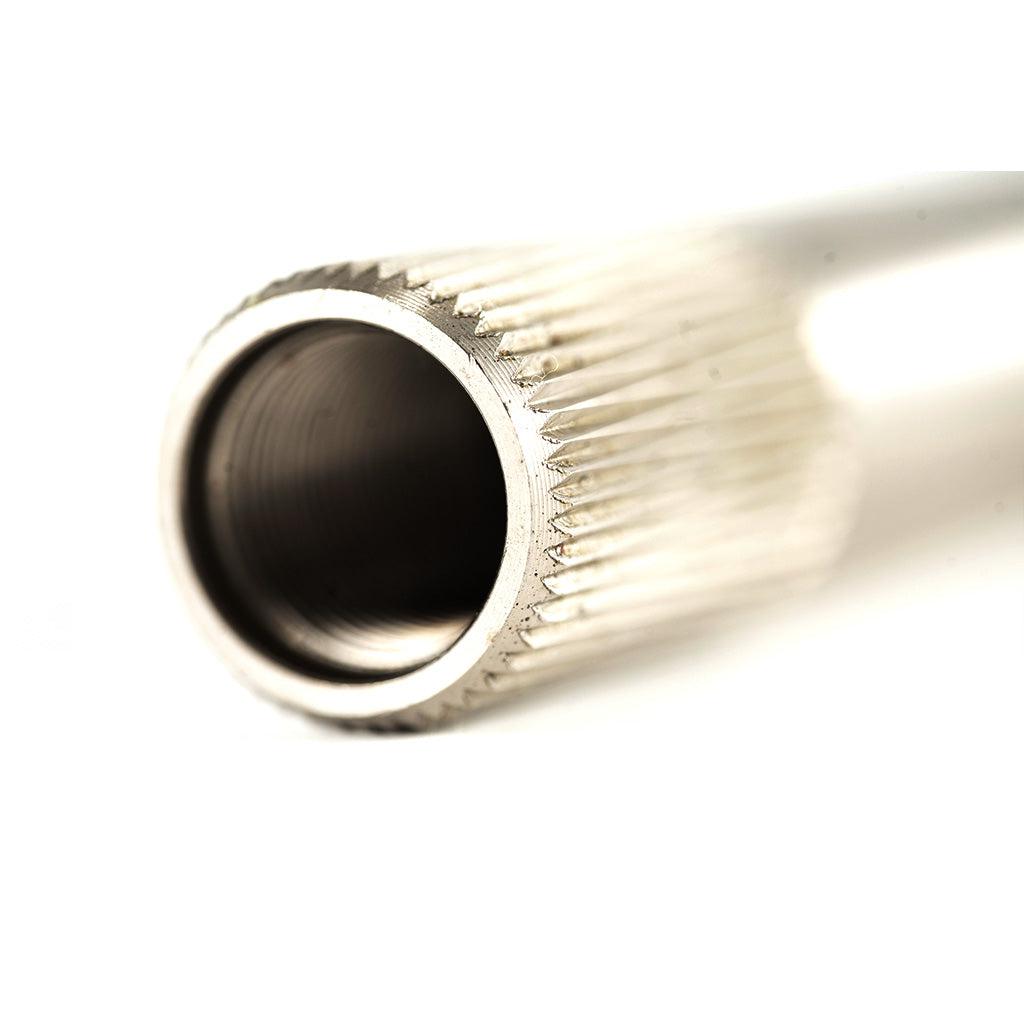 A close up of a metal tube on a white background featuring Colony's durable Colony Venator 140mm Cranks (Suit 18" Wheeled Bikes).