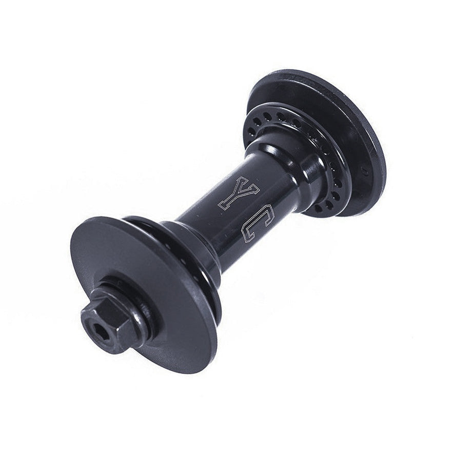 The Colony Wasp Front Hub is a black BMX hub with "YC" on the center, sealed bearings, flanged spoke holes, and female bolt ends on both sides, shown against a white background.