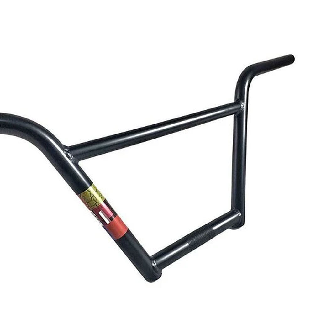 A black Stranger Come Over 4-piece Bars handlebar featuring a red and yellow decal on the left side, designed by Stephan August.
