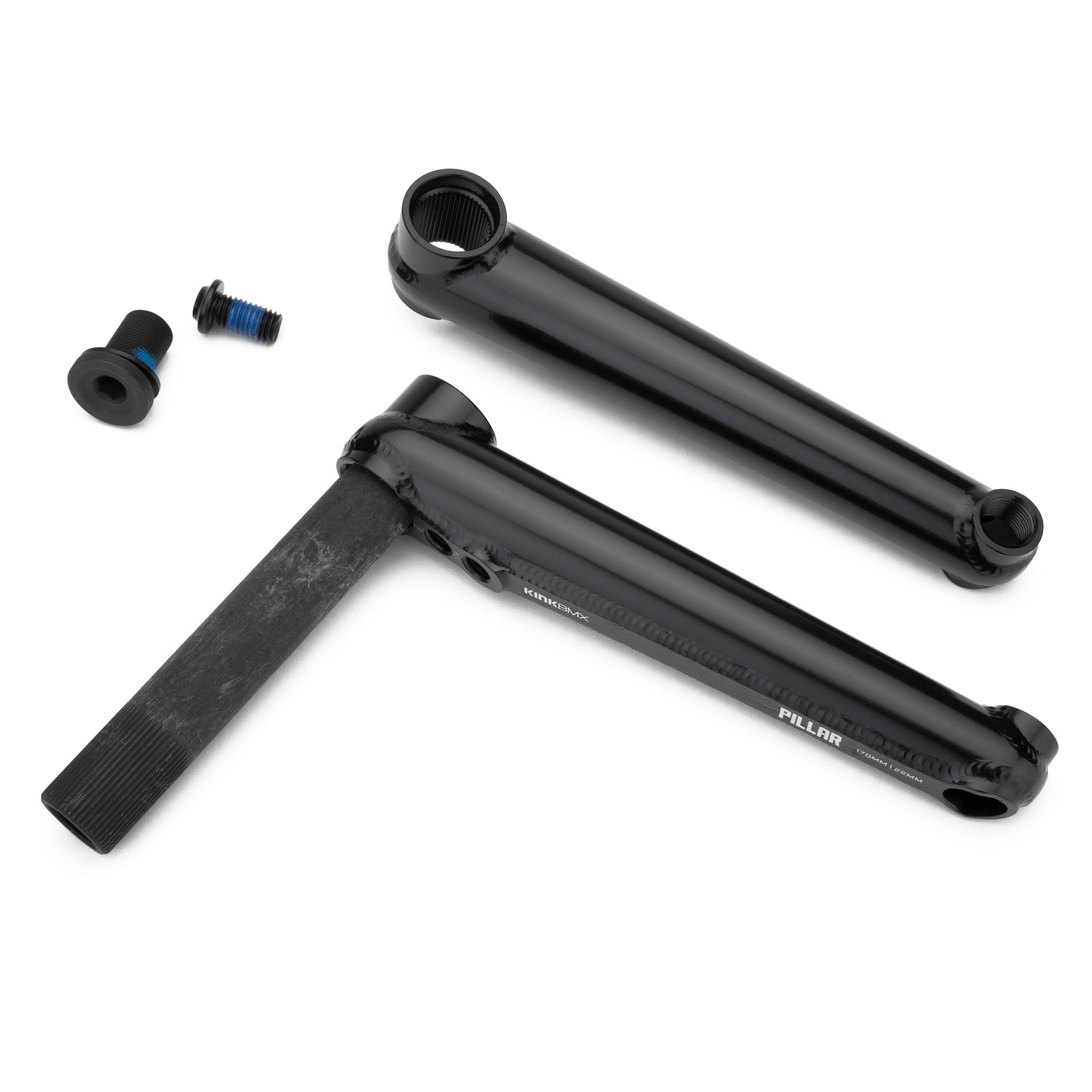 The black Kink Pillar Cranks bicycle crankset comes with two crank arms and a chromoly spindle, displayed against a white background.