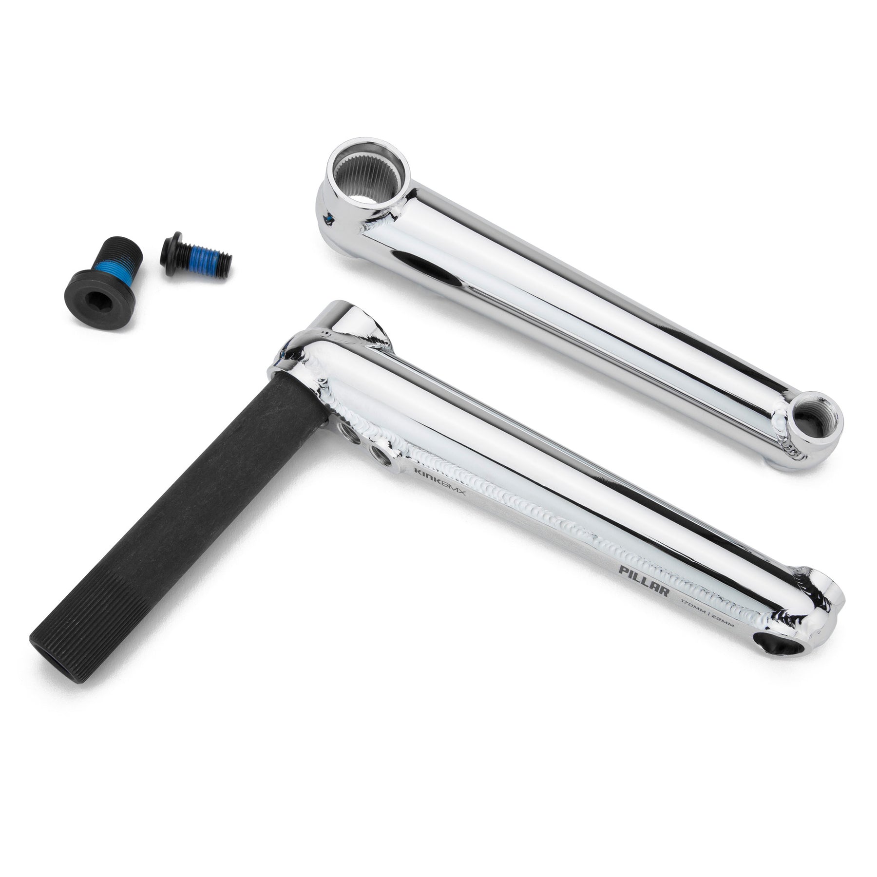 The Kink Pillar Cranks are displayed on a white background, featuring two silver crank arms, a robust chromoly spindle, and two small screws.
