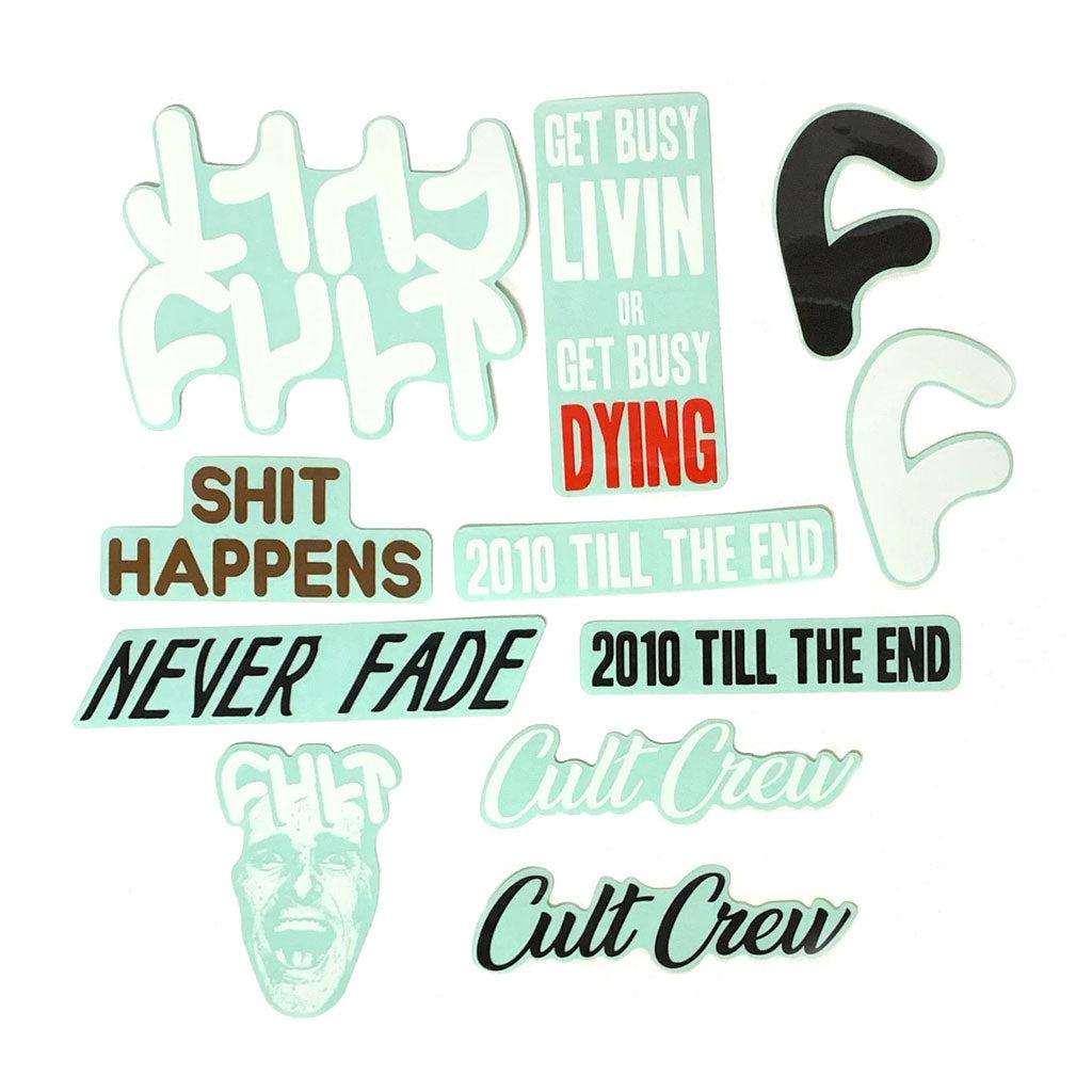 Assorted Cult 10 sticker pack with various styles, including texts like "Get Busy Livin or Get Busy Dying", "Shit Happens", and logos featuring a stylized face and the letter 'F'.