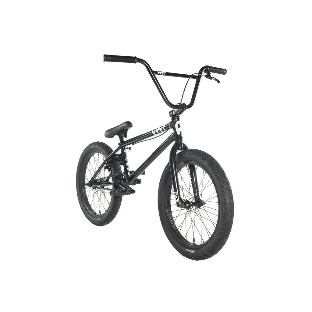 The Cult Access 20-Inch Bike is a black BMX with a hi-tensile frame, wide tires, and high handlebars.