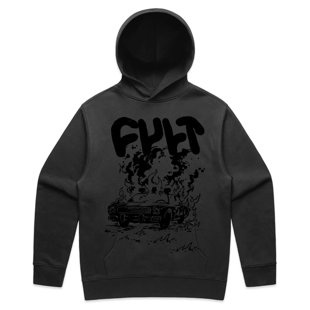 Faded black Cult Burn It Down Hoodie with a large hood and front pocket, featuring a graphic design of a car on fire and the word "CULT" in bold, stylized text above the car.