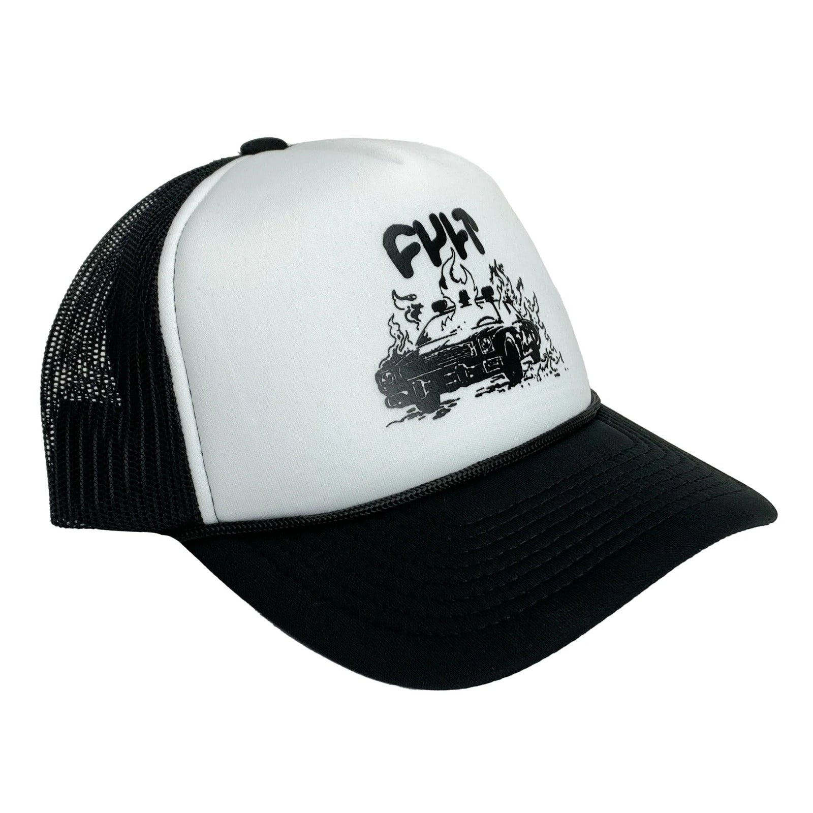 The Cult BurnItDown Trucker is a black and white hat showcasing a bold graphic of a burning car with "Cult Crew" prominently displayed on the front.