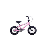 The Cult Juvi 12 Inch Bike, a small pink model with an aluminum frame, black handlebars, seat, and tires, is displayed in profile against a white background.