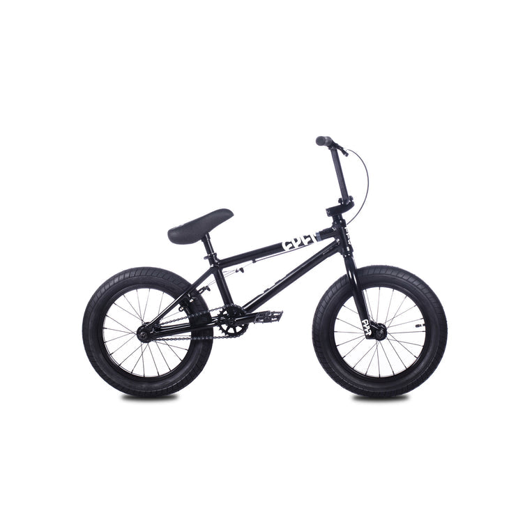 The Cult Juvi 16 Inch Bike for kids features thick tires and a lightweight aluminum frame, shown in profile against a plain white background.