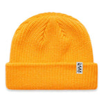The Cult Nightwatch Beanie is a bright yellow acrylic hat with a folded cuff, featuring a subtle white tag on the side, embodying a classic fisherman style.