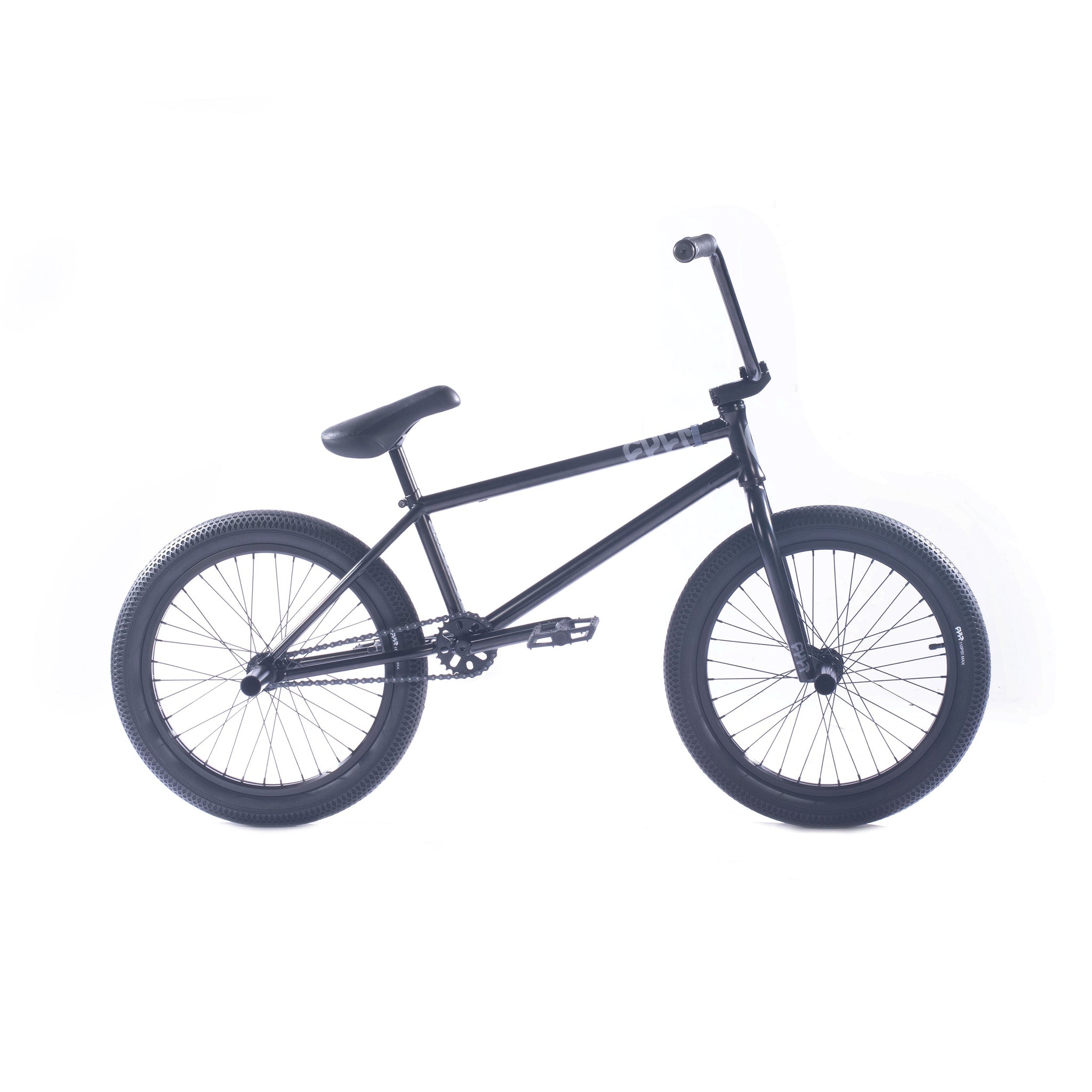 The Cult Devotion 20 Inch Bike is a premium BMX complete with thick tires, a straight top tube, and raised handlebars, shown on a white background.
