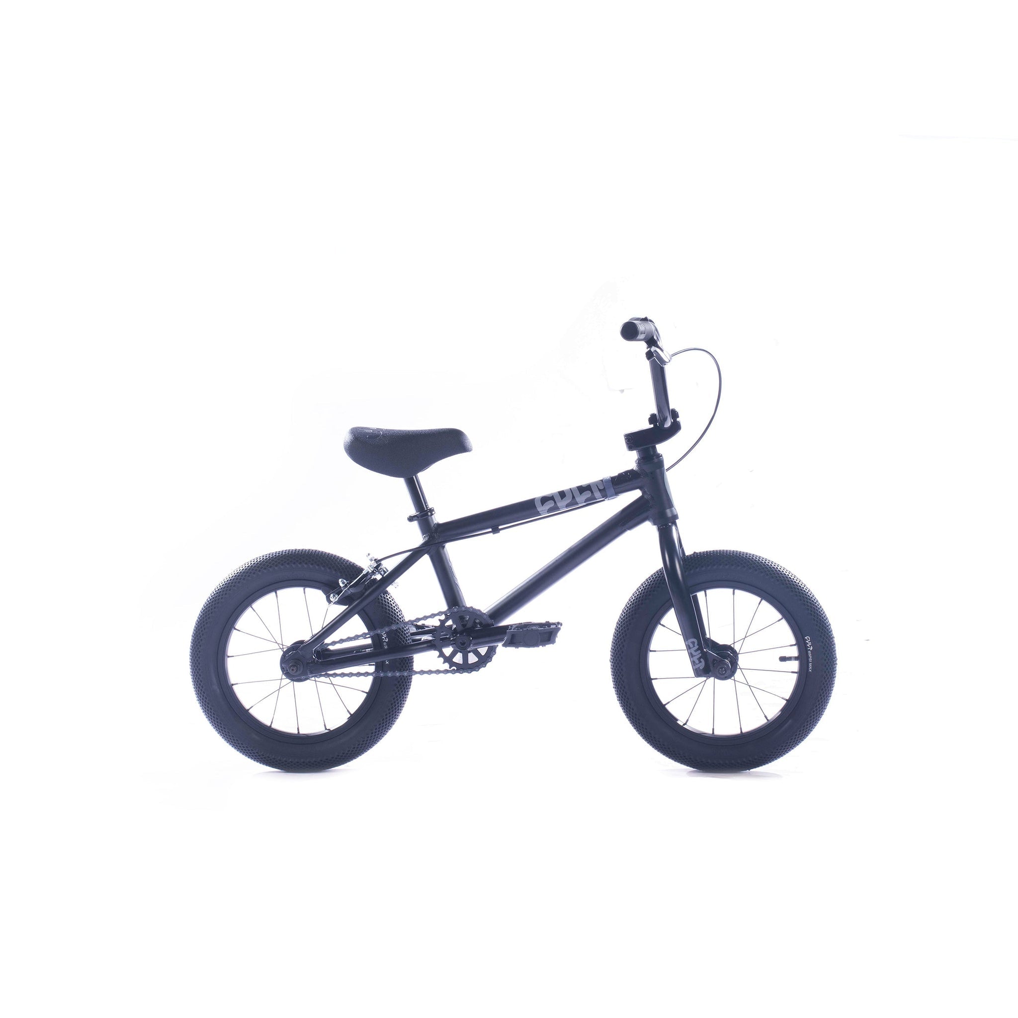 The Cult Juvi 14 Inch Bike, featuring a black frame, thick tires, padded seat, and straight handlebars, is shown against a plain white background.