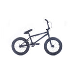The Cult Juvi 16 Inch Bike is a black BMX kids bike with thick tires, a raised seat, and a lightweight aluminum frame, shown against a plain white background.