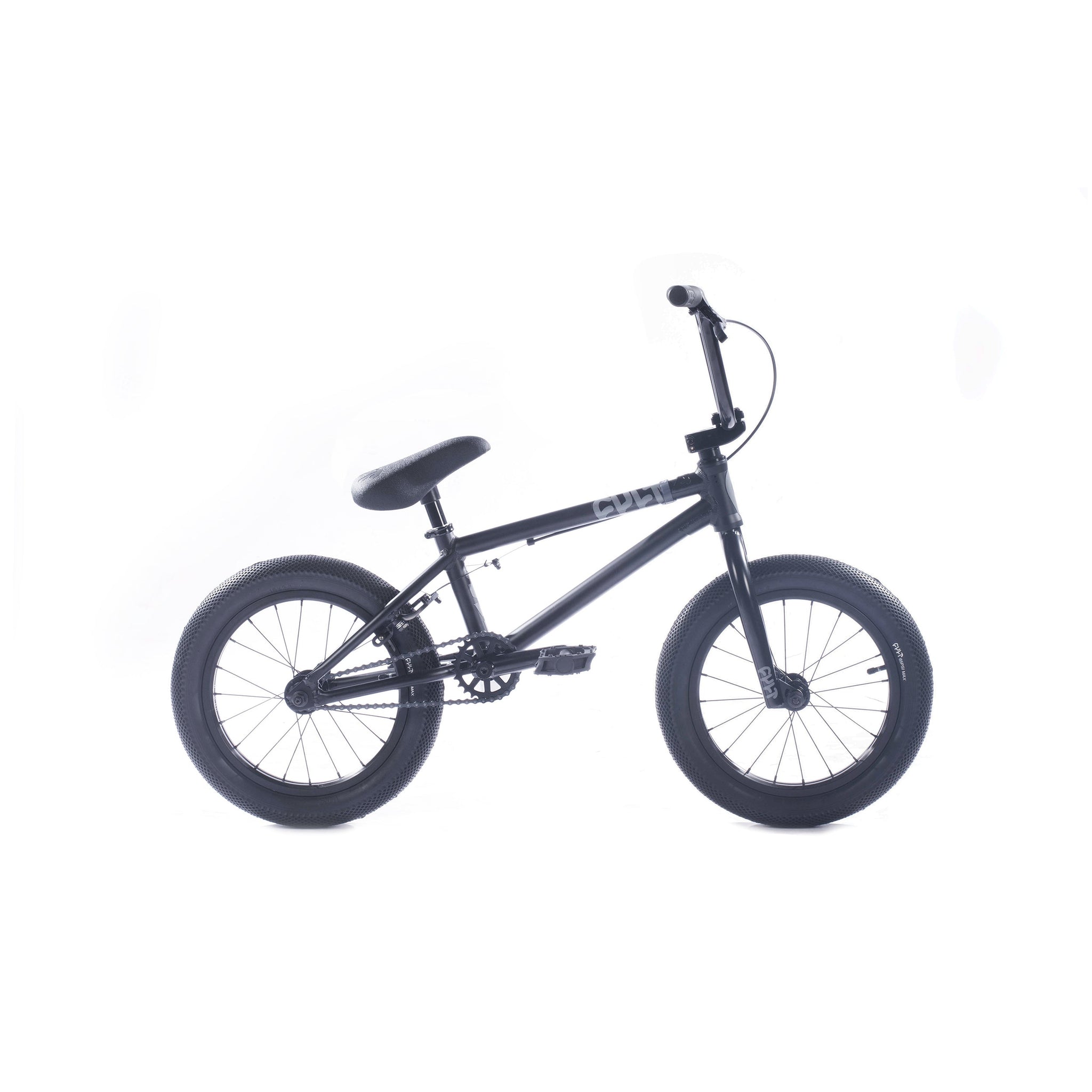The Cult Juvi 16 Inch Bike is a black BMX kids bike with thick tires, a raised seat, and a lightweight aluminum frame, shown against a plain white background.