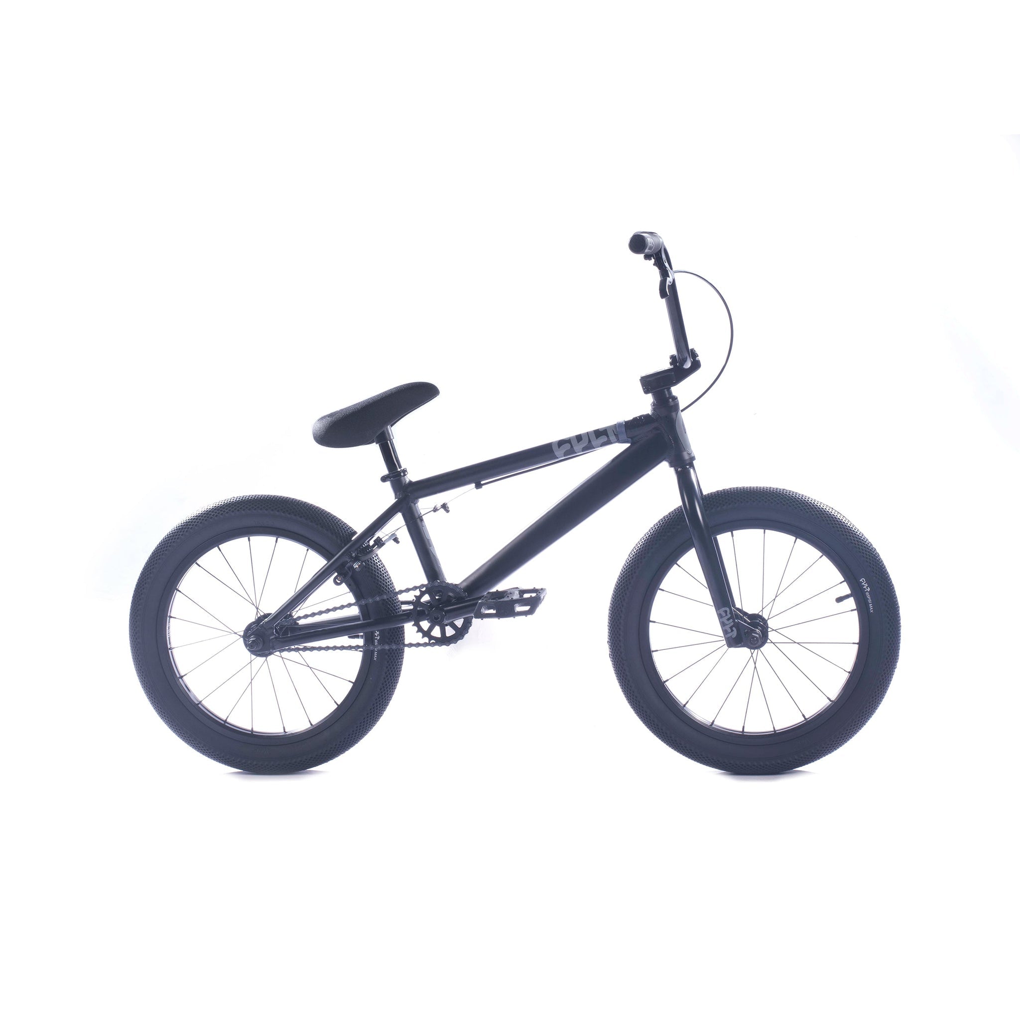The Cult Juvi 18 Inch Bike is displayed on a white background, featuring thick tires, a lightweight aluminum frame, upright handlebars, and a black finish.