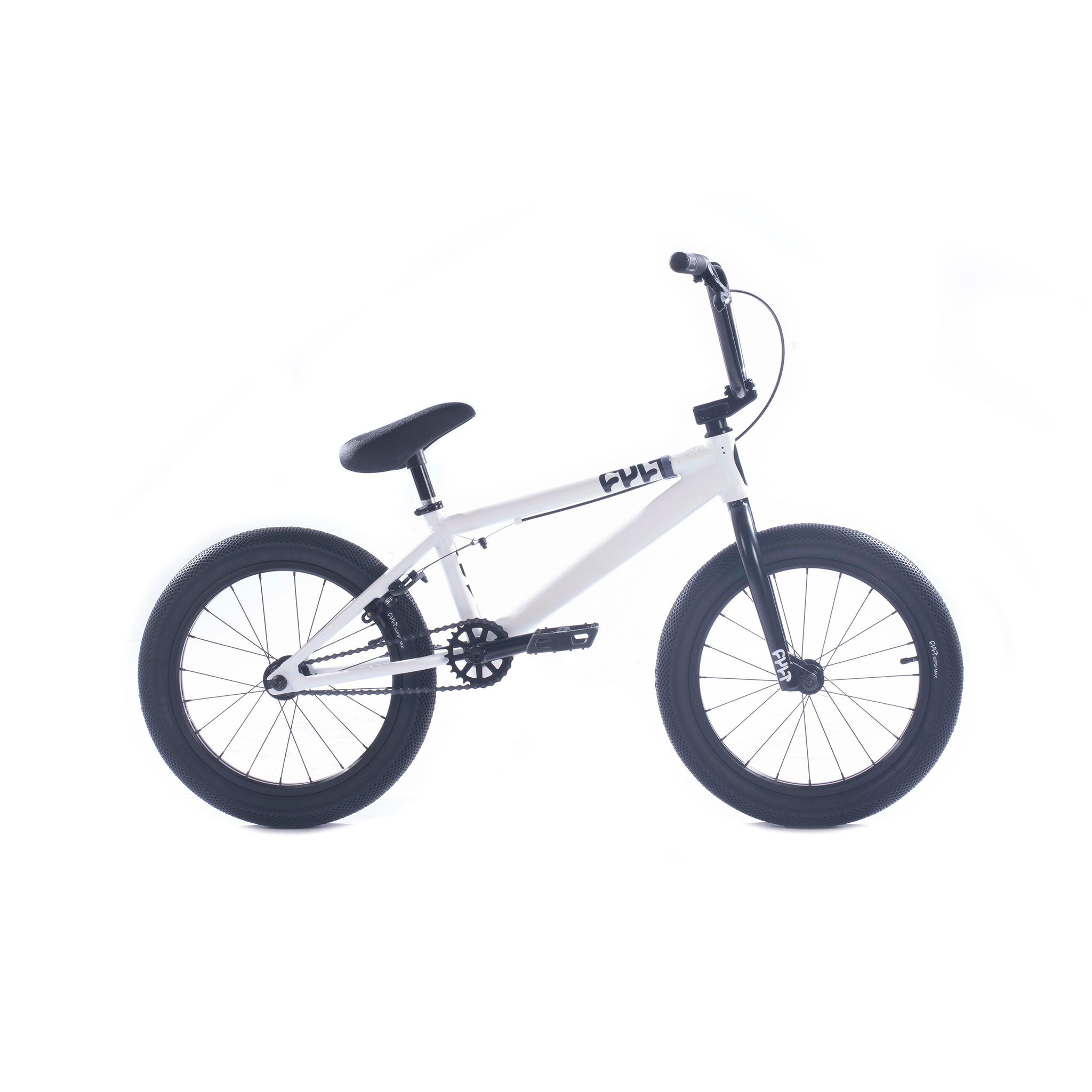 The Cult Juvi 18 Inch Bike features a white aluminum frame with black handlebars, seat, pedals, and tires, shown in profile on a plain white background. Cassette hubs deliver smooth performance for young riders.