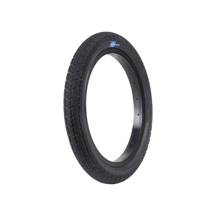 A black Sunday Current Tyre 16 Inch on a white background, perfect for beginner riders looking to upgrade their tyre.