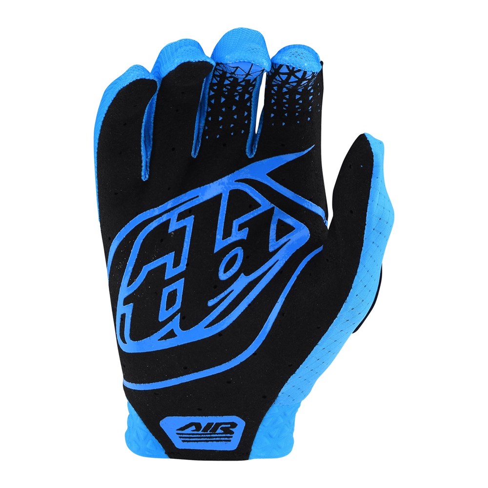 A black and blue motocross glove with TLD Youth Air Glove Cyan branding on the back.