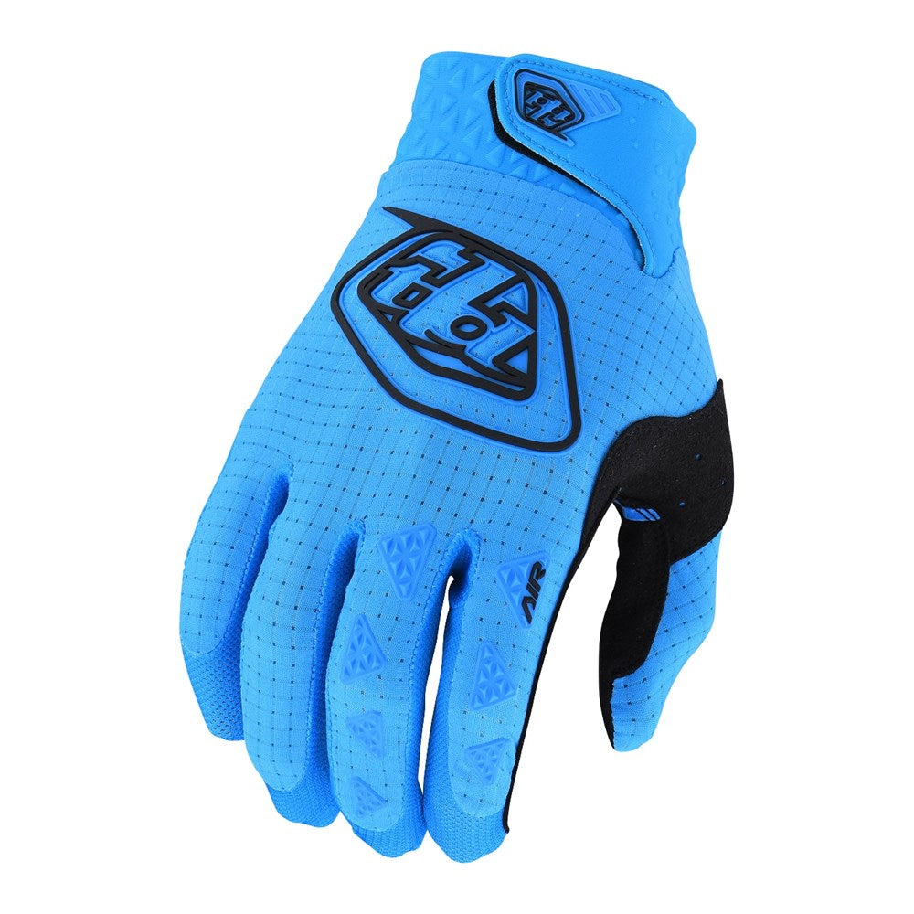 TLD Youth Air Glove Cyan with a single-layer perforated palm, blue motocross gloves featuring black grip and logo detailing.
