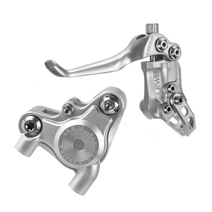 A Lewis LV2 Flat Mount Disc Brake lever and caliper assembly on a white background, showing detailed 7075 aluminum alloy construction and adjustment screws.