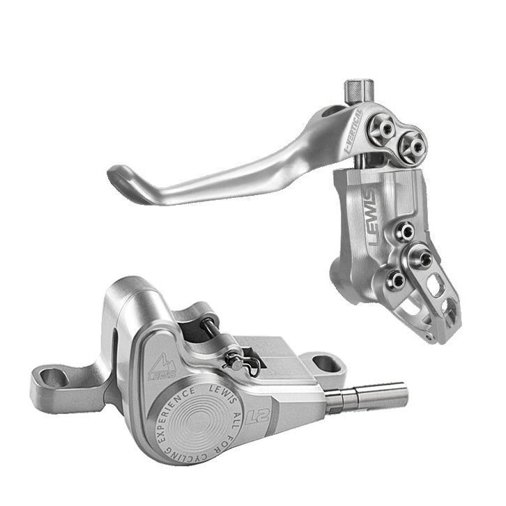 Two Lewis LV2 post mount disc brakes, CNC machined from 7075 aluminum alloy, isolated on a white background.