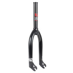 The Rant Twin Peaks 18 Inch Forks are black BMX bike forks with a red logo and white text, crafted from 4130 Chromoly. They feature two prongs and a central tubular section.