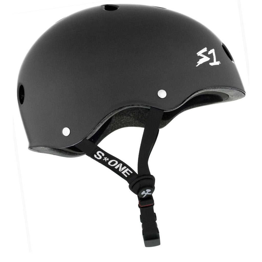 A certified S-One Helmet Lifer Dark Grey Matte on a white background provides protection.
