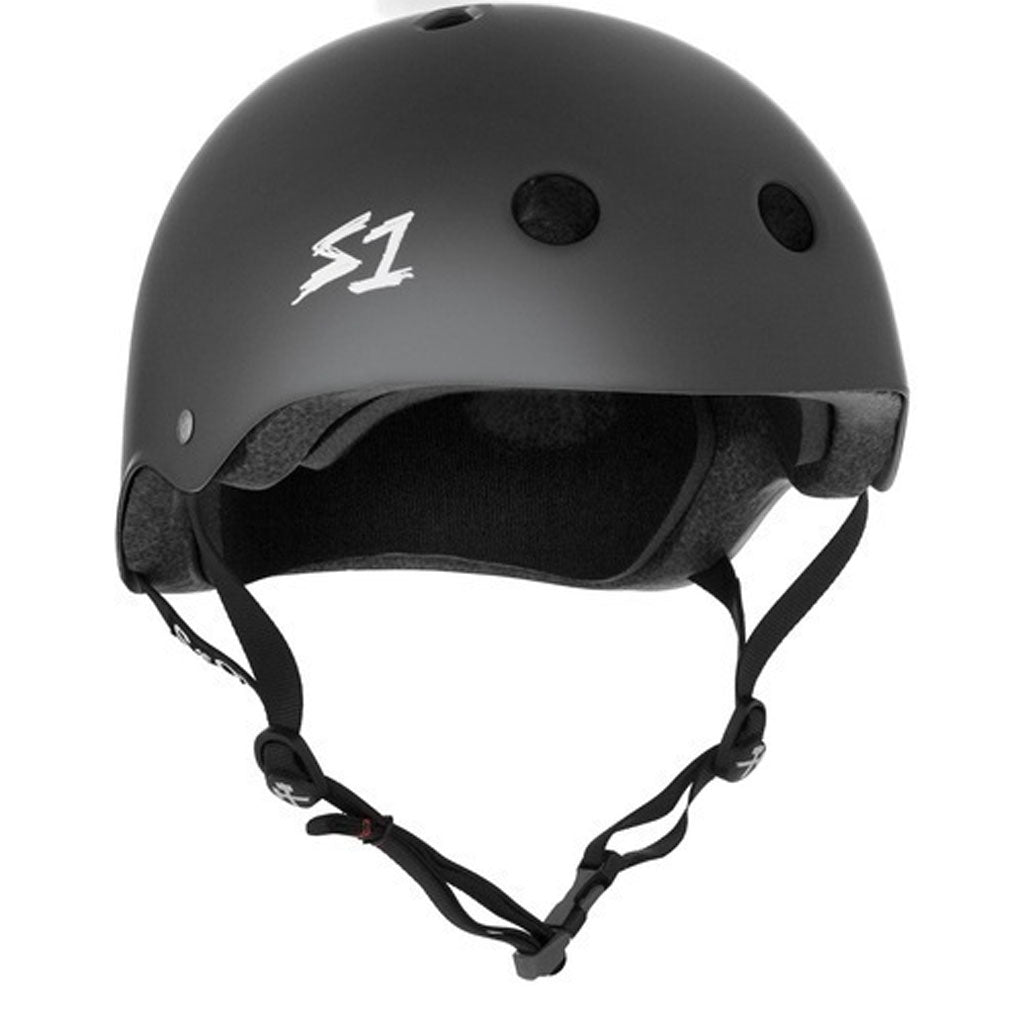 This S-One Helmet Lifer Dark Grey Matte is certified and provides protection, with the word sz on it.