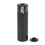 The Rant Slimmer Peg (Each) is a black cylindrical BMX peg featuring "RANT" branding, displayed upright beside a metal spacer—ideal for riders wanting a durable yet lightweight bike peg.