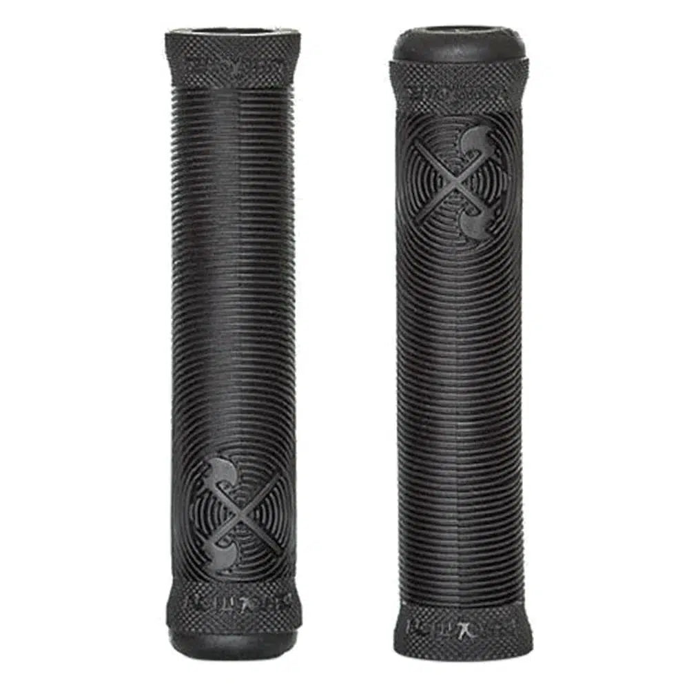 The Demolition Axes Grip features two black cylindrical bike grips with a textured surface and a cross emblem, expertly crafted with a soft compound to provide ultimate comfort.