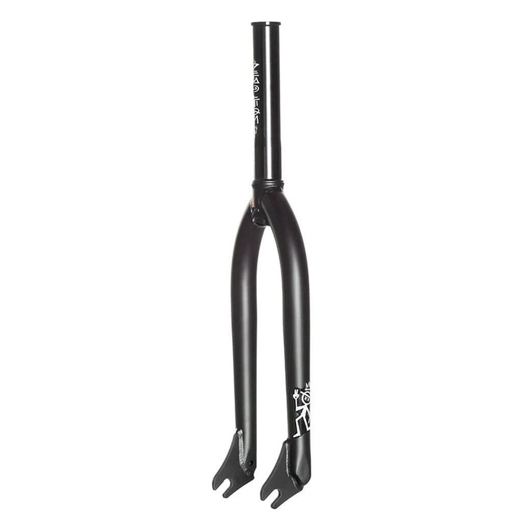 The Demolition (Kevin Peraza) KP Fork, in black, features straight blades and a steerer tube. Made from heat-treated CR-MO for durability, it sports a sleek white logo on the side.