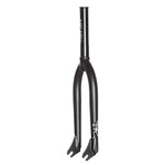 The Demolition (Kevin Peraza) KP Fork, in black, features straight blades and a steerer tube. Made from heat-treated CR-MO for durability, it sports a sleek white logo on the side.